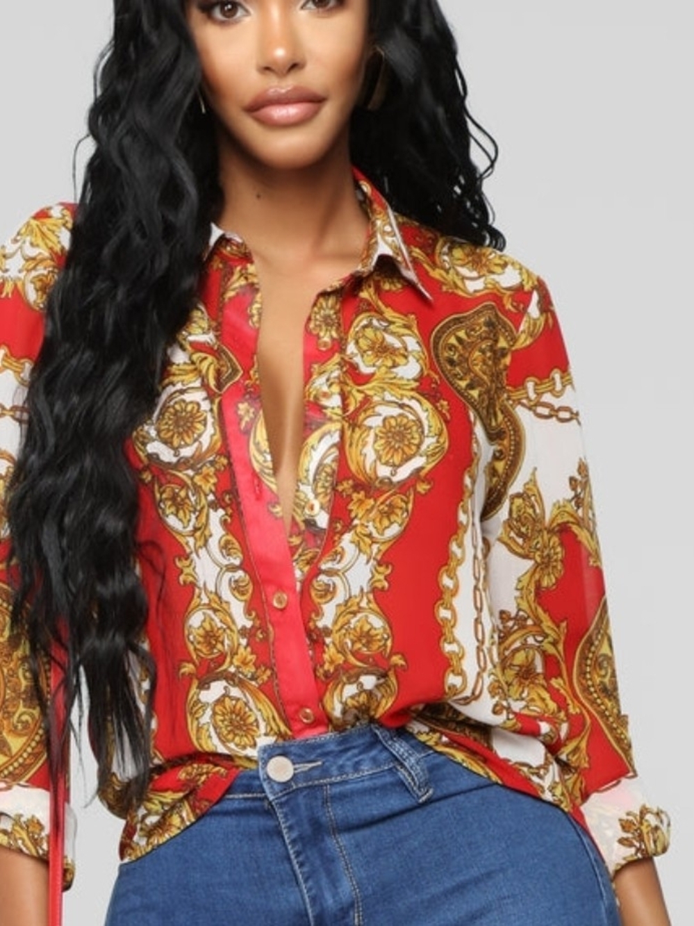 Fashion Nova Red & Gold Baroque Button-Down Shirt